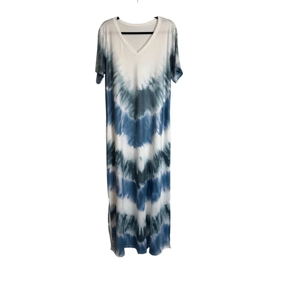 Boho M Tie-Dye Blue Beach Swim Coverup Maxi Dress V-Neck Short Sleeve Blue/White